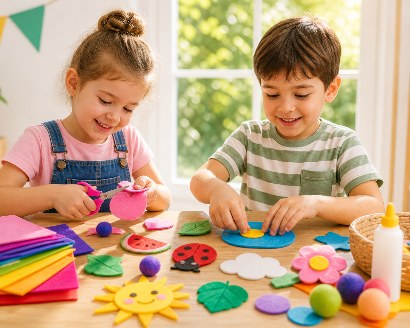 Kids crafting with colorful felt pieces at a bright table near a sunny window